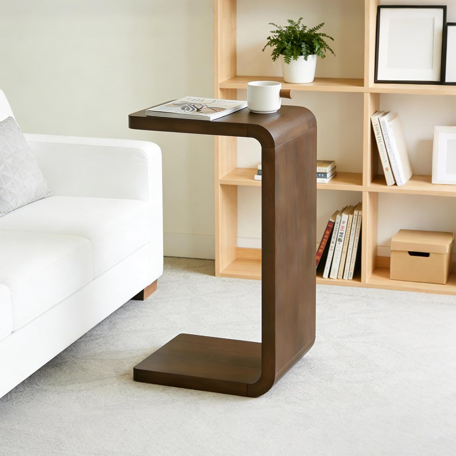 Narrow solid wood C-shaped side table for living rooms and bedrooms