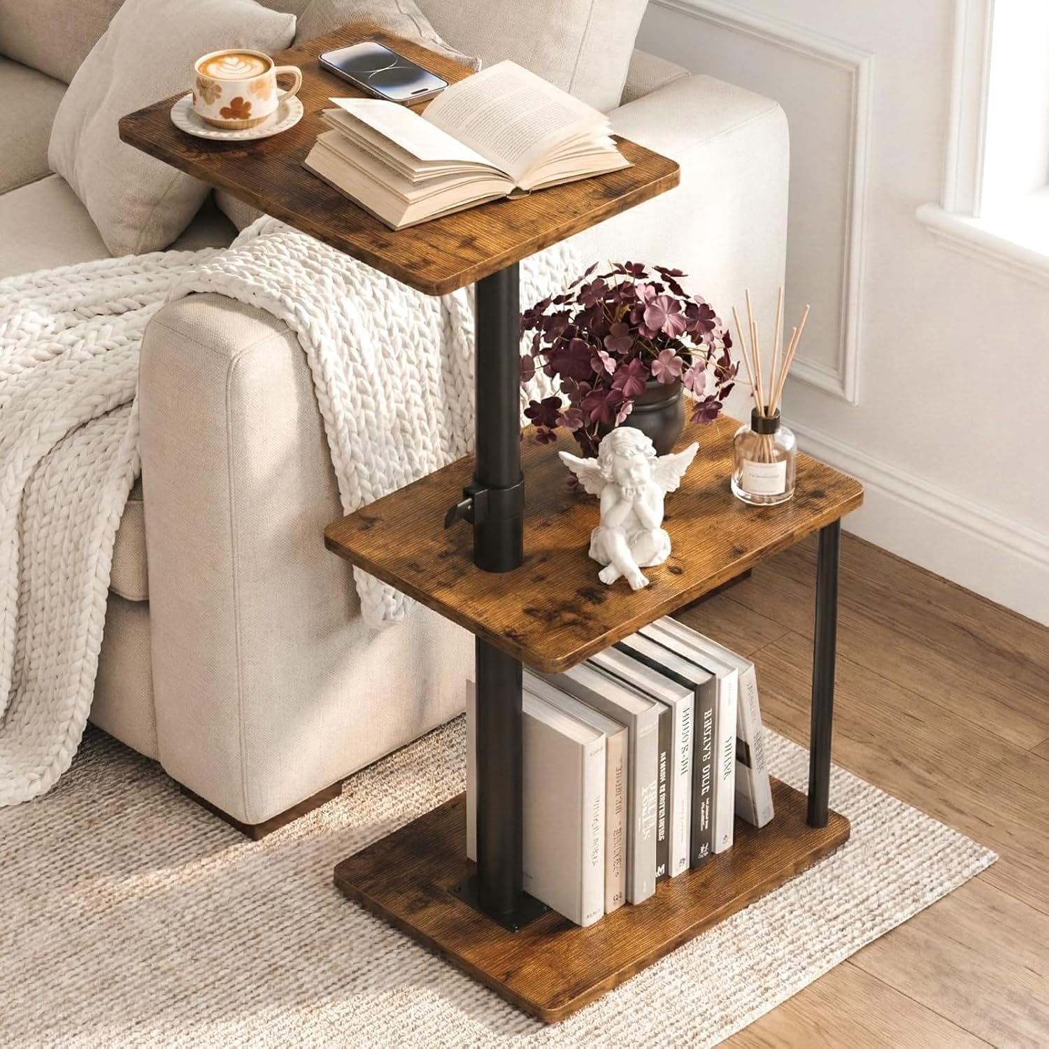Swiveling, height-adjustable C-shaped side table with multi-level storage